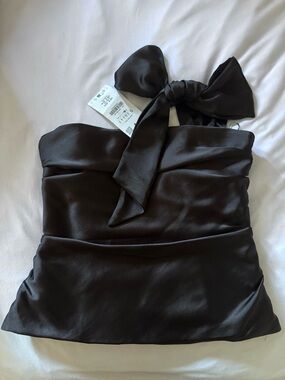 Zara Black Satin Strapless Top with Bow Accent